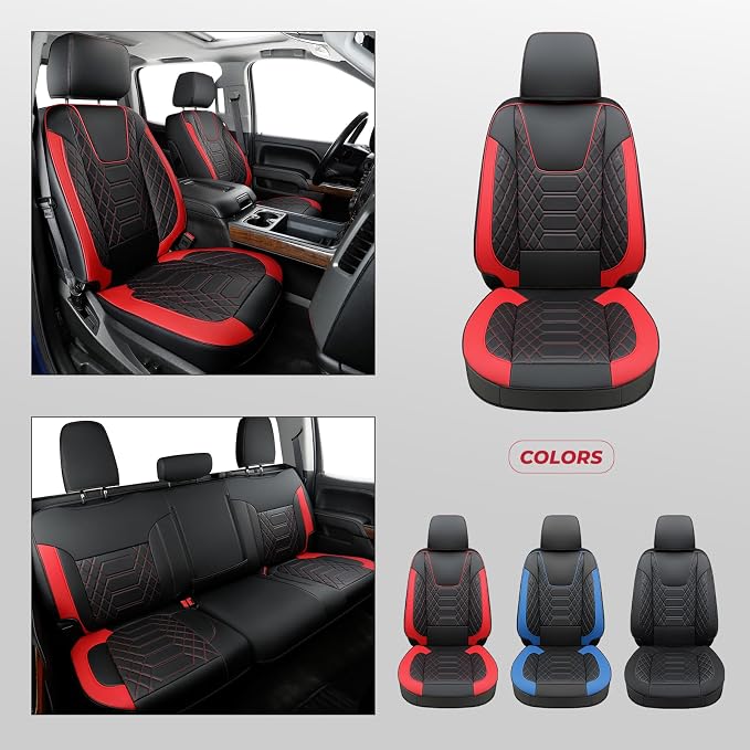 FREESOO for Silverado 2019-2024 2025 2026 Faux Leather Full Set Seat Covers, Fit for Chevy Silverado GMC Sierra 1500 Crew Cab Waterproof Truck Seat Covers BlackRed