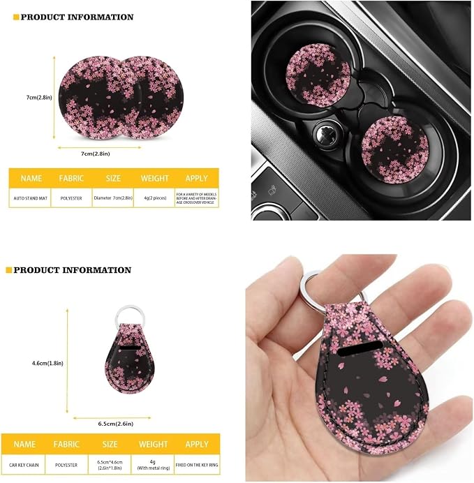 Suobstales Cherry Blossoms Car Front Back Bench Bucket Seat Protectors Full Set for Women Floral Steering Wheel Cover +Seat Belt Cover+ Flower Print Cup Holder Coaster+ Keychain