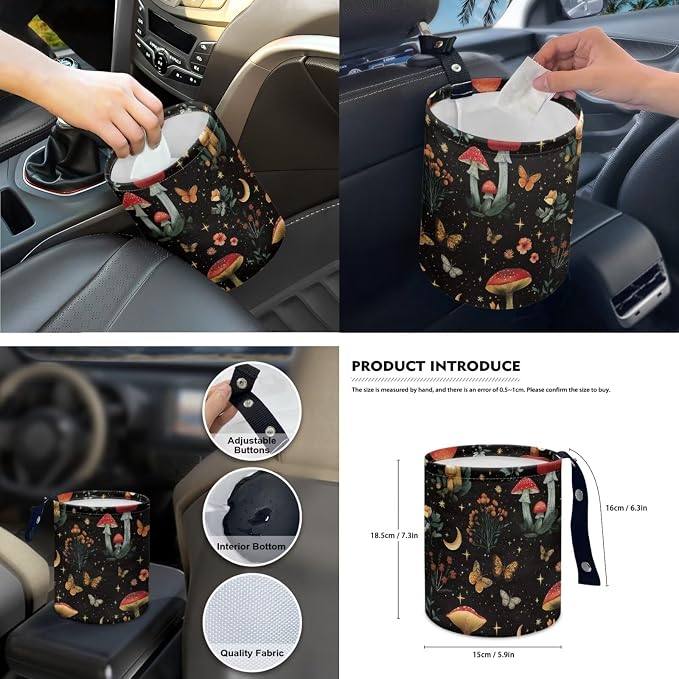 Moon Mushroom Car Seat Covers Set of 15 with Universal Steering Wheel Cover, Rearview Mirror Cover, Car Trash Can, Seatbelt Pads, Cup Holder Coasters, Keychains