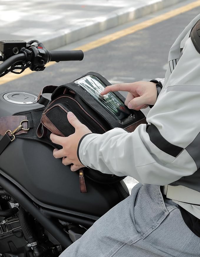 KEMIMOTO Motorcycle Tank Bag, Retro Expandable Storage Thigh Bag Leg Bag with Leg Strap, Waterproof Touch Screen Protector for Mobile Phones, Oil Waxed Canvas Material, Black 8.5L