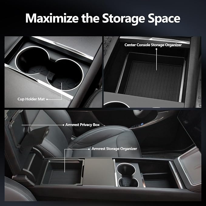 4PCS Center Console Organizer Tray for 2026 Tesla Model Y Juniper Accessories, 2025 Model 3 Highland Armrest Hidden Storage Box, Silicon Cup Holder Pad