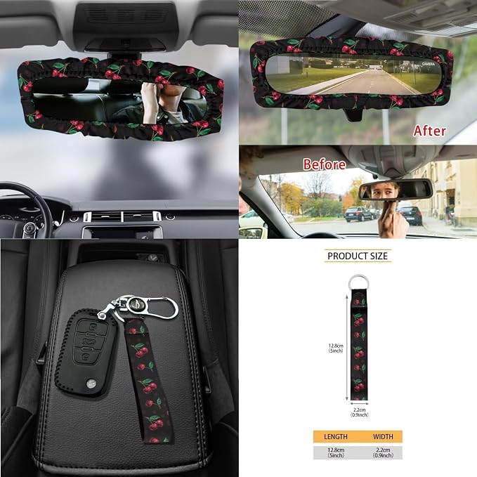 Cherry Print Car Seat Cover Set of 15, Decorative Front Back Seat Covers Steering Wheel Cover Safety Belt Pads Garbage Bag Car Air Vent Storage Bag Cup Mats, Easy to Install