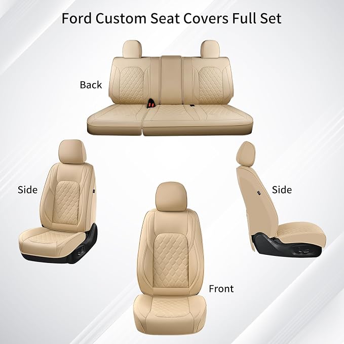 Huidasource F150 F250 F350 Front&Rear Leather Seat Covers Fit for 2015-2026 Ford F150 SuperCrew & 2017-2026 F250 F350 F450 Super Duty Crew Cab XL XLT Lariat King Ranch Platinum(Full Set/Beige)
