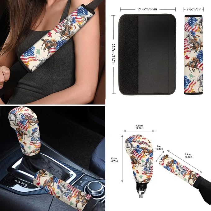 Wanyint Kentucky Horse Racing Car Seat Cover Full Set 12 PCS, with Steering Wheel Seat Belt Cover Armrest Pad Coasters Handbrake Gear Shift Knob Set Auto Accessories Decor, American Flag Horse Beige
