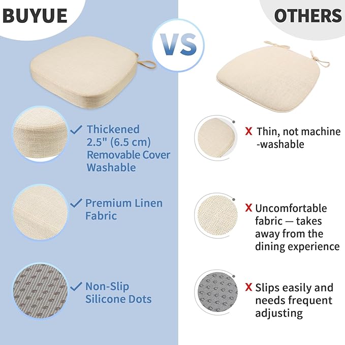 BUYUE Thickened 2.5" Dining Chair Cushions Set of 6, U-Shape High Density Foam Comfortable Chair Pads for Kitchen, Slip Resistant Indoor Seat Cushions (6 PCS, Beige)