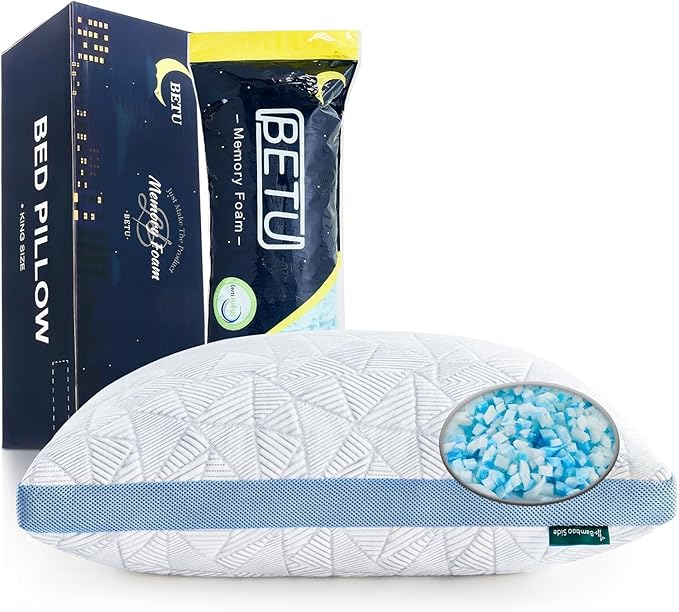 BETU Cooling King Size Pillows Set of 2, Shredded Memory Foam Cool Pillows for Hot Sleepers, Adjustable Firm Soft Support Bed Pillows Perfect for Back Neck Pain and Side Sleeping with Cover, Blue