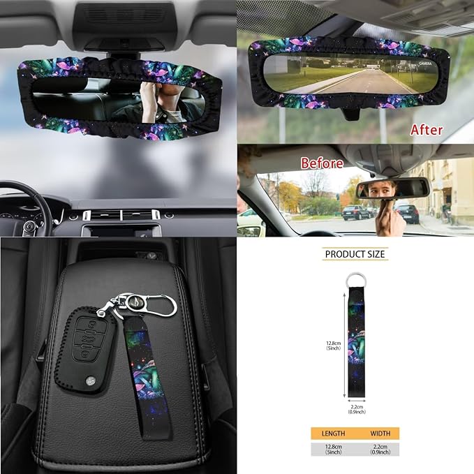 Mushroom Butterfly Galaxy Print Auto Interior Sets of 15, Front Rear Car Seat Covers Steering Wheel Cover Trash Can Seat Belt Pad Mirror Cover Keychain Air Vent Storage Bag Coasters