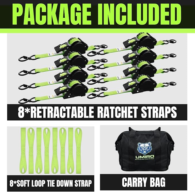 Retractable Ratchet Straps, 4-Pack, 1 Inch x 12 Feet Heavy Duty Tie Downs, 1760lb Break Strength, Self Retracting for Truck, Cargo, Trailer, Motorcycle, ATV, UTV (Green, 8pack)