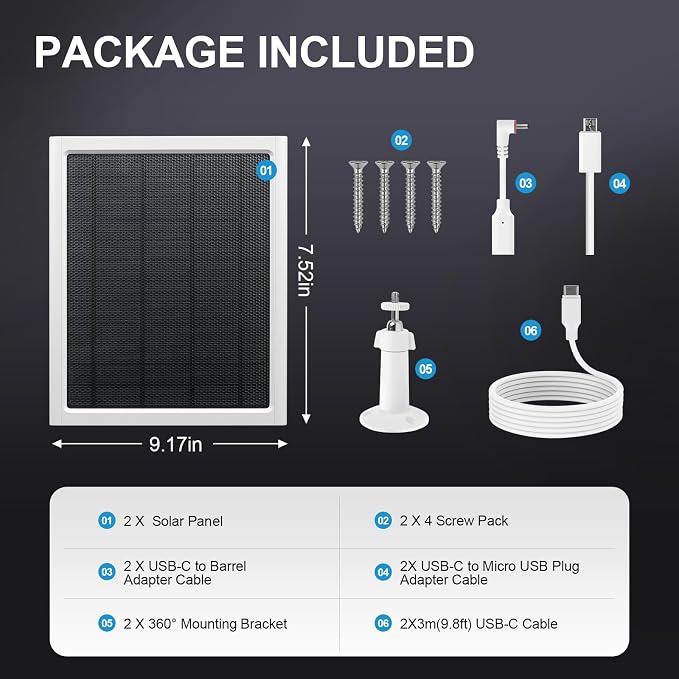Ring Solar Panel,8W Ring Solar Charger Compatible with Stick Up Camera & Pro, Spotlight Plus & Pro, Stick Up, Spotlight Cam Battery,9.35ft Long Cable with USB-C for Outdoor Cameras (White 2 Pack)