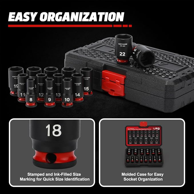 3/8 in. Drive Semi-Deep Impact Sockets Set, Mid-Length Socket Set, Metric, 8 to 22 mm, 14-Piece, CR-MO, Stamped and Ink Filled Size Marking