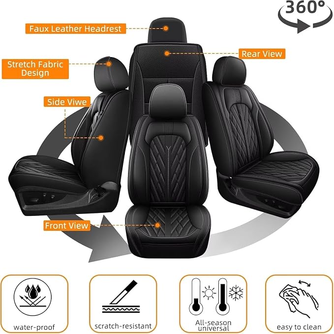 TTX LIGHTING Seat Covers for Ford F150 2009-2025 2026, F250 F350 F450 2017-2025 2026: 5 Seat Full Set Truck Seat Covers Custom Waterproof Leather (Black)