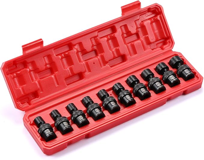 MIXPOWER 10-piece 3/8" Drive Shallow Universal Impact Socket Set, Metric,10-19mm, Swivel Socket with Flexible Wobble, CR-MO