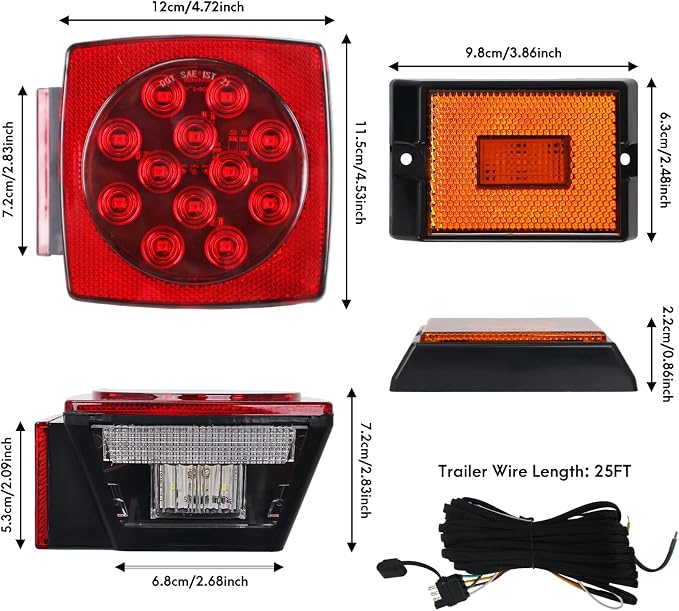 Submersible LED Trailer Light Kit, IP67 12V DOT Stop Brake Tail Turn Signal Lights with 25ft Wiring Harness, Marine Boat Trailer Lights for Utility RV Truck, Luces para Trailas Under 80"