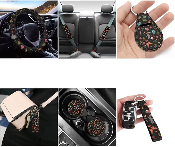 Wild Forest Daisy Auto Seat Covers with Cute Animal,12 Pcs Full Set Car Front Split Bench Seat Covers+Elastic Steering Wheel Wrap+Safety Seatbelt Pad+Key Chain Sets for Women Men