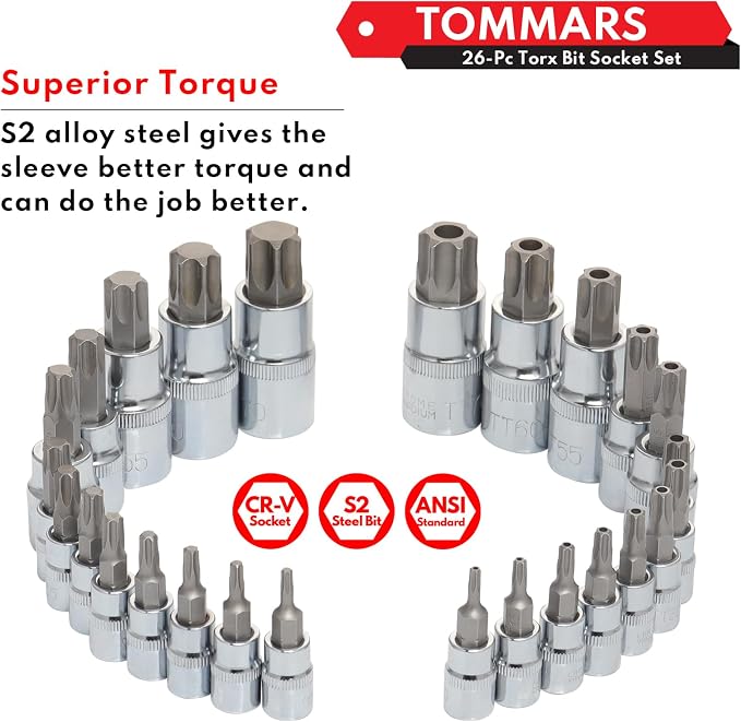 TOMMARS 26-PC T10-T70 & TT10-TT70 & 60-Pc Master Torx Bit Socket and External Socket Set