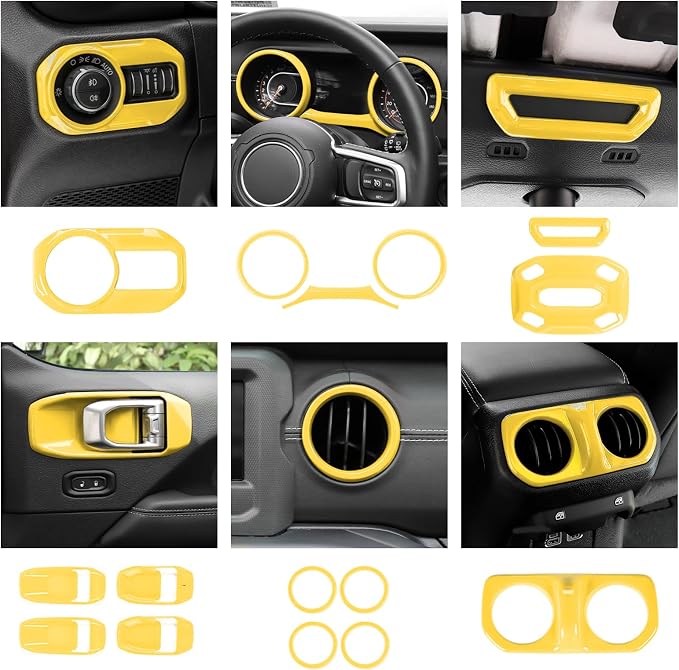 21PCS Yellow Interior Trim Kits Fit for 2018-2023 Jeep Wrangler JL JLU & Gladiator JT 4Door Interior Decor Accessories Dashboard AC Headlight Switch Roof Speaker Inner Door Bowl Steering Button Frame