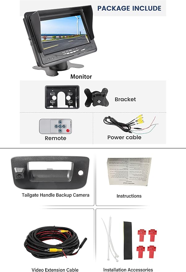 EWAY Tailgate Handle Backup Rear View Camera 7 Inch TFT LCD Monitor Kit for 2007-2014 Chevy Silverado GMC Sierra Reverse Parking Camera with Removable Guideline