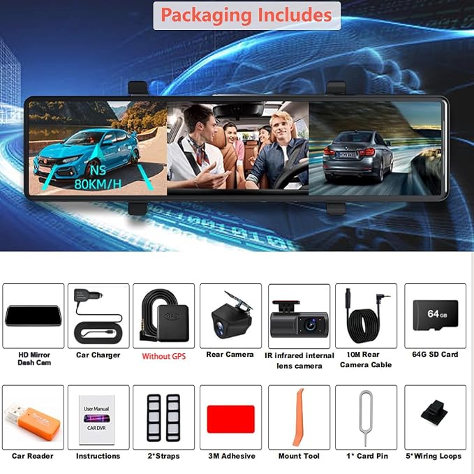 3 Channel Mirror Dash Cam, 12" Triple Rear View Mirror with Front 4K, Inside and Rear 1080P Cameras with 5.8GHz WiFi, G-Sensor, Night Vision, Reverse Assist, Parking Monitor
