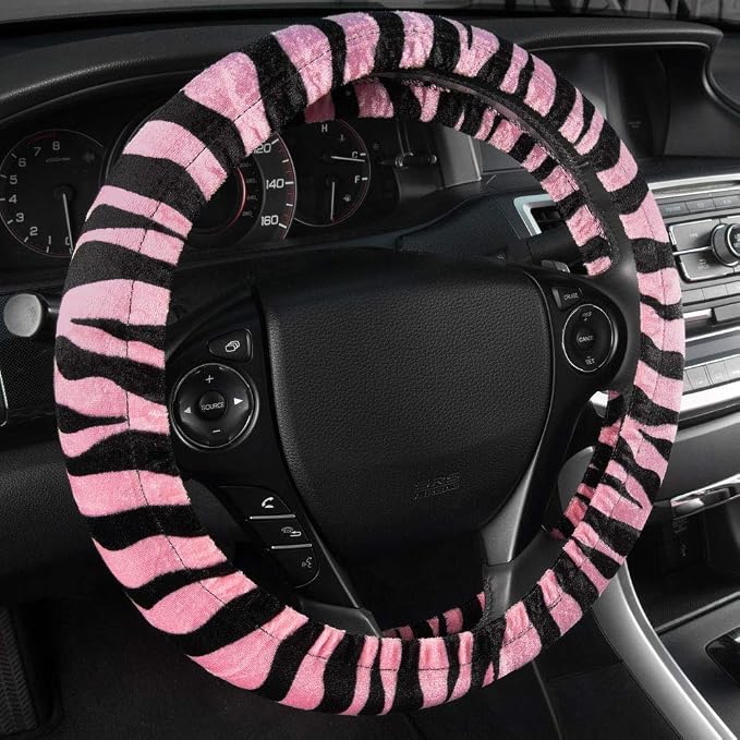 BDK Pink Velvet Zebra Print Car Seat Covers, Full Set with Steering Wheel Cover and Seat Belt Pads, Front and Rear Universal Fit for Car Truck SUV Van, Cute Auto Interior Accessory for Women Girl