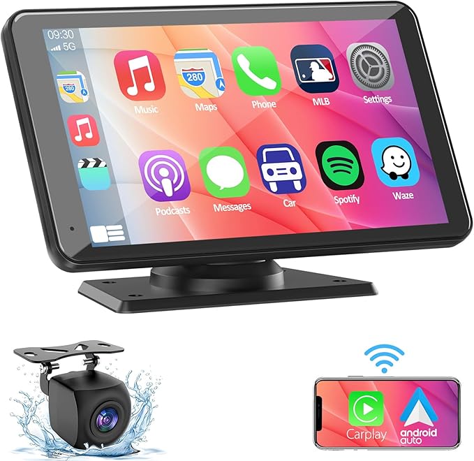 Carplay Screen for Car, 7" HD Wireless Apple Carplay & Android Auto, Portable Touchscreen Car Stereo with Backup Camera, Bluetooth, Mirror Link, Voice Control, GPS, FM, AUX, Car Play for All Vehicles