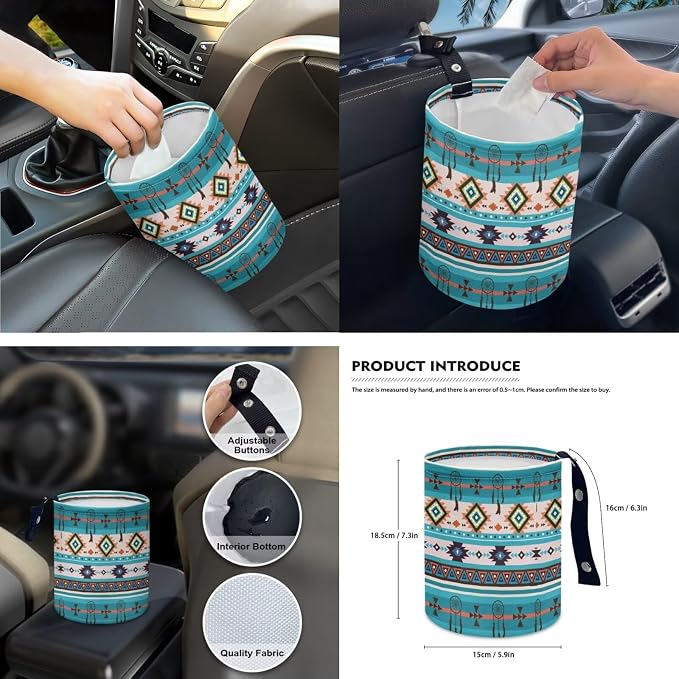 Blue Boho Car Accessories Car Seats Cover Protector, Steering Wheel Covers, Seatbelt Cover, Car Trash Can, Cup Coasters, Rearview Mirror Cover, Keychains, Pack of 15