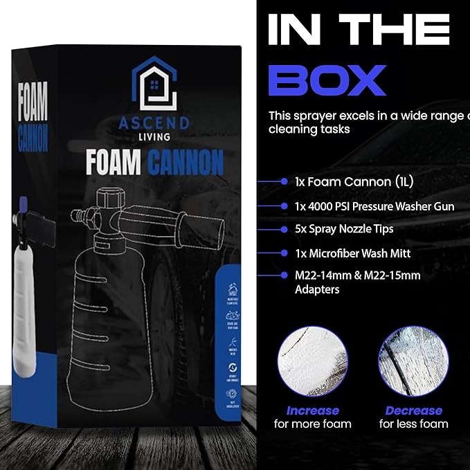 Adjustable Pressure Washer Gun, Snow Foam Gun 3000 PSI Cannon Foam Blaster, 1/4" Quick Connector, 5 Nozzle Tips, 1L Car Wash Foam Cannon