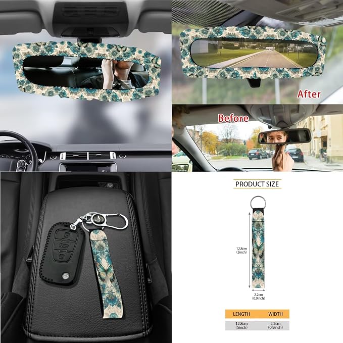 Butterfly Flower Print Auto Seat Covers Full Set for Women Dust-Proof Decorative Car Seat Cover for Front Back Seats with Steering Wheel Protector Safety Belt Pads etc