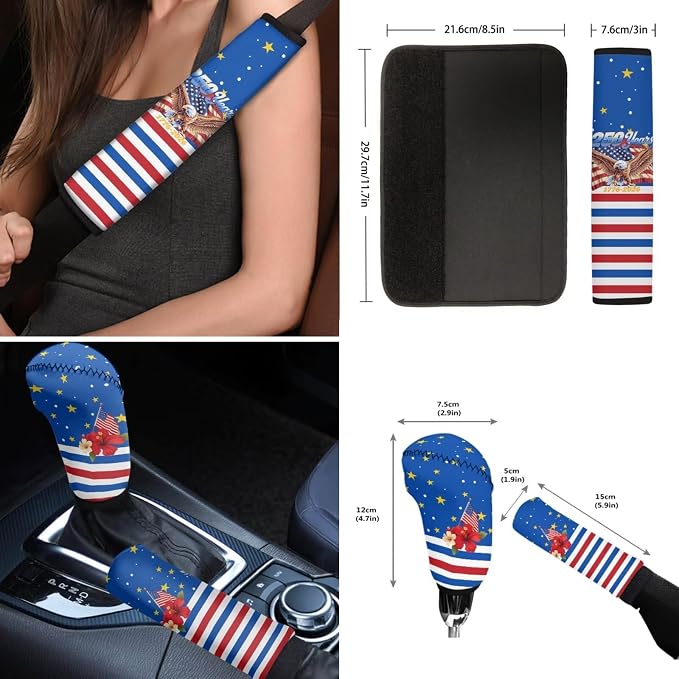Wanyint Car Seat Cover Full Set 12 PCS, with Steering Wheel Seat Belt Strap Armrest Pad Handbrake Cover Gear Shift Cover Coasters Universal Fit for US 250th Anniversary, American Flag Hibiscus Eagle