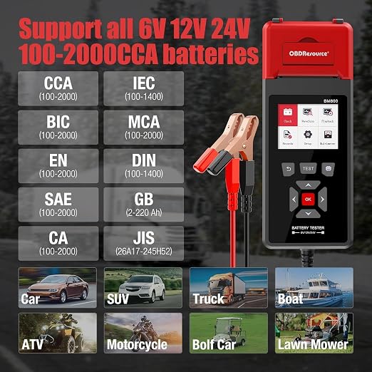 Car Battery Tester with Printer 100-2000 CCA 6V 12V 24V ELMCONFIG BM800 Battery Load Tester with Car Cranking and Charging System Analyzer Scan Tool for Cars, Trucks & Motorcycles (3PCS Thermal Paper)