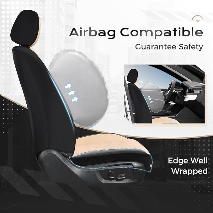 Coverado Full Set Leather Car Seat Covers, Crafted with Full Leather Construction and Carbon Fibre Weave Universal Fit for Most Cars SUV Trucks(Beige