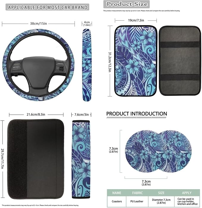 Bulopur Polynesia Frangipani Floral Auto Seat Covers Full Set with Matching Steering Wheel Cover Automotive Center Console Cover Vehicle Seat Belt Cushion Pads Headrest Covers Car Interior Decor