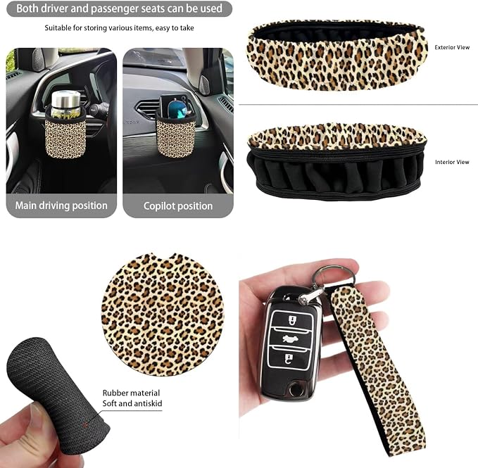 Dreaweet Leopard Print Seat Covers for Cars Front and Back,15 Pcs Cheetah Car Accessories,Leopard Steering Wheel Cover Seat Belt Pads Coasters Trash Can Vent Storage Bag Rearview Mirror Cover Keychain