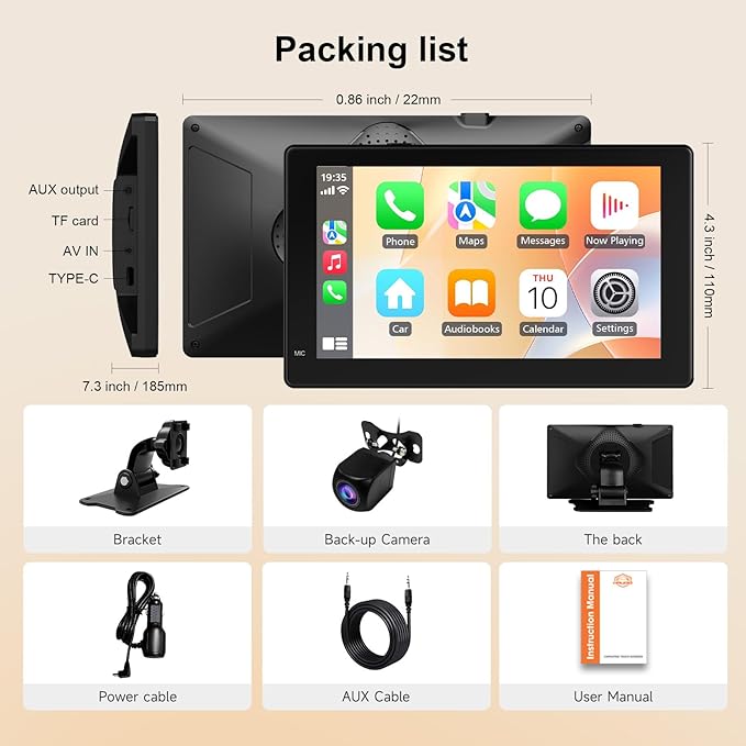 Haudio 7" Portable Wireless CarPlay & Android Auto Screen for Car, HD Touchscreen, Backup Camera, Bluetooth 5.0, FM Transmitter, Plug and Play, Voice Control, Fit All Vehicles