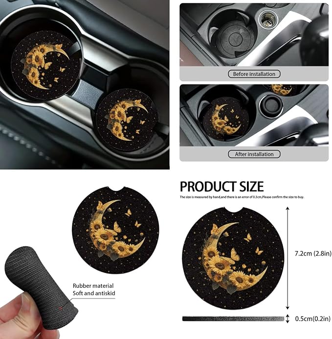 Gold Moon Sunflower Butterfly Car Seat Covers Full Set 15 Pcs Universal Car Accessories Steering Wheel Cover Seat Belt Pads Garbage Bag Car Headrest Pillow Covers Armrest Pad