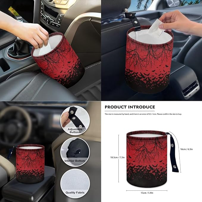 Bat Print Car Seat Covers Full Set High Back Bucket Seat Covers with Steering Wheel Cover Center Console Armrest Pad Seatbelt Pads Car Rear View Mirror Protector Garbage Bag