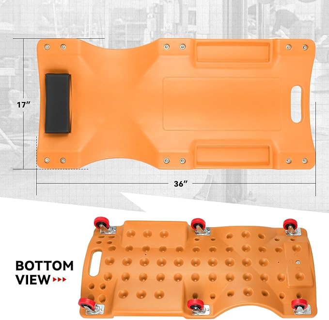 Auto Dynasty 36 Inches Mechanic Creeper, Automotive Garage Repair Low Profile Under Car Rolling Creeper with Padded Headrest, Plastic, Orange