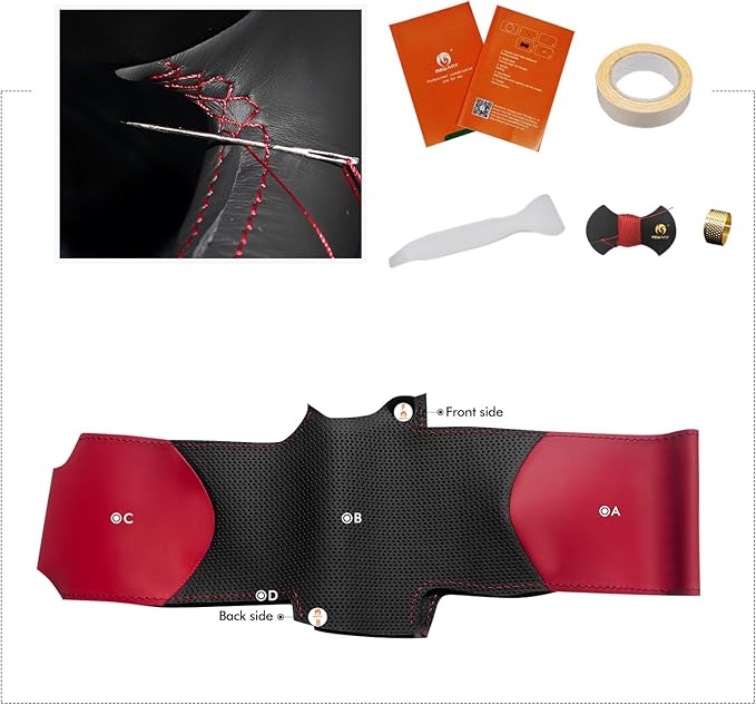 MEWANT Hand Stitch Black Red Faux Leather Steering Wheel Cover Wrap for Model Y 2020-2023 Tesla Model 3 2017-2023