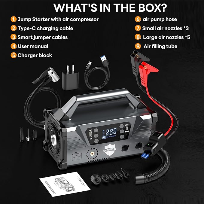 Sharmeal Jump Starter with Air Compressor,9000A Car Battery Jump Starter (All Gas/12.0L Diesel),200PSI Car Battery Jumper Starter Portable 12V Jump Box with Jumper Cables, LED Light