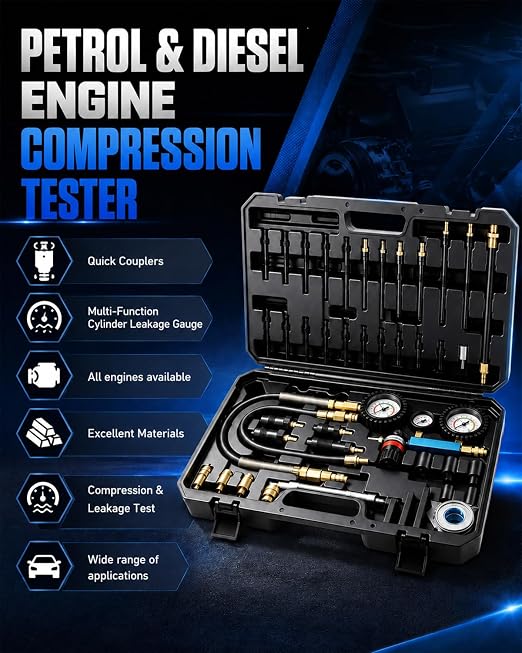 47PCS Compression and Leakage Tester Kit for Diesel & Petrol, Dual Gauge Compression & Leak Down Test, 0-700 PSI / 0-50 Bar, Compression Cylinder Leakdown Test Kit for HDI, TDCi, Pumpe Duse