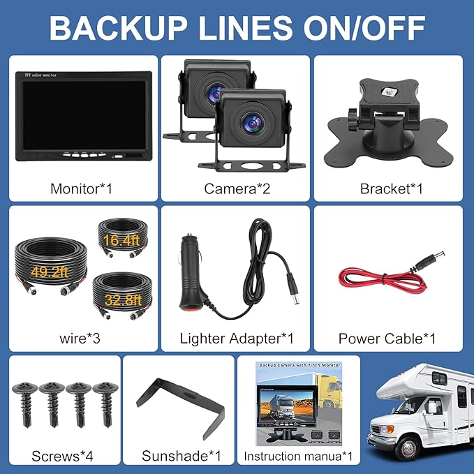 Dual RV Backup Camera with 7 Inch Monitor, AHD 1080P, 2 Channel, DIY Guide Lines 150 Degree Wide View Angel Wired Reverse Rear View Camera for Truck Car Trailer Camper Tractor