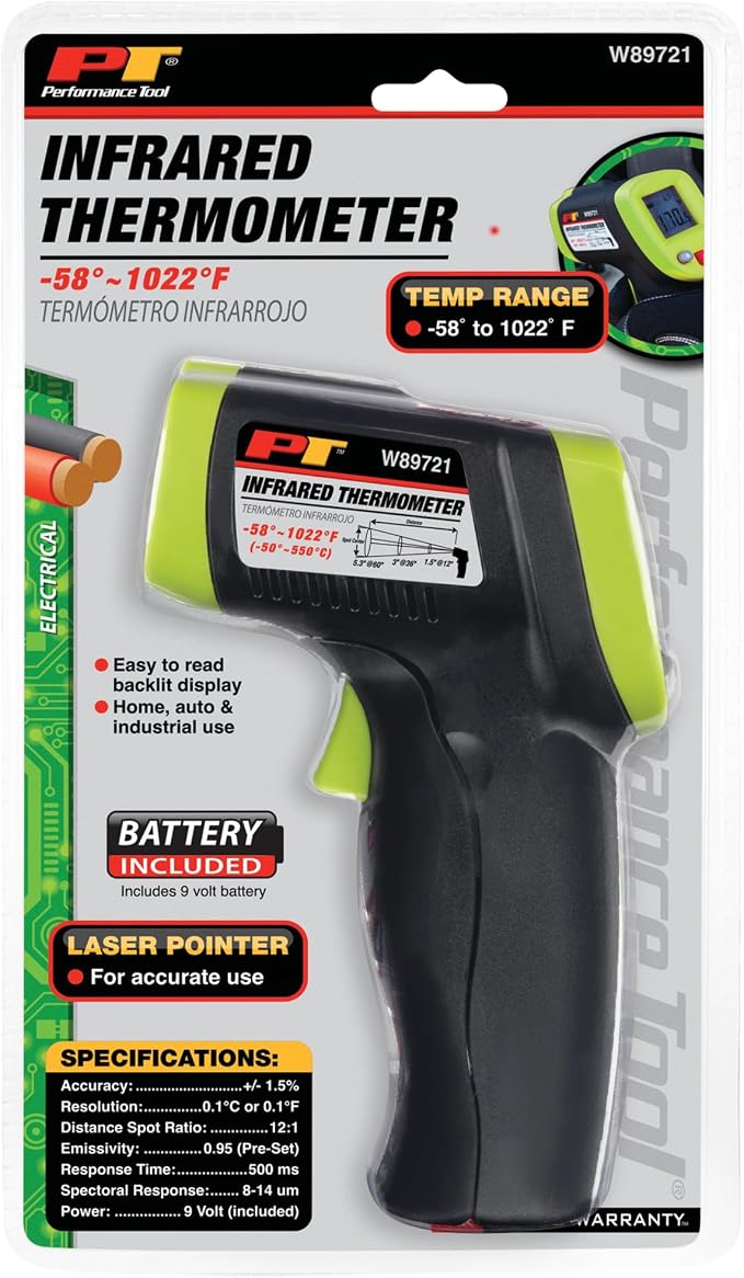 Performance Tool W89721 Non-Contact Digital Laser Infrared Thermometer, Orange and Black With 12:1 Spot Ratio