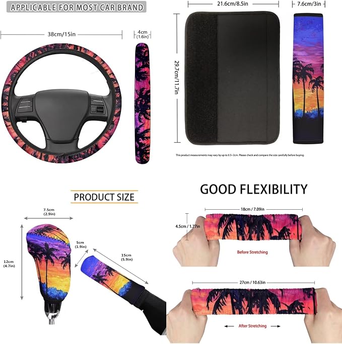 Coconut Tree Car Seat Covers Full Set 11 Pack Auto Seat Belt Cover Steering Wheel Cover Gear Lever Cover Hand Brake Cover Universal Fit for Cars SUV