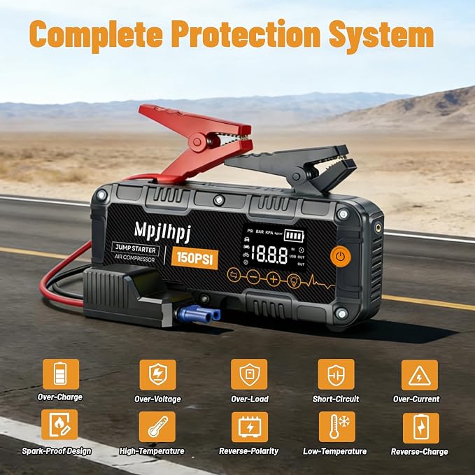 Jump Starter with Air Compressor, 4000A Portable Car Battery Jump Starter (10L Gas/8L Diesel), 12V Jump Pack with 150PSI Auto-Shutoff Tire Inflator, LED Light, Gloves & Car Emergency Kit