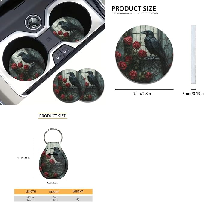 Suobstales Raven Rose Print Car Seat Cover for Women Full Set SUV Interior Accessories Front/Back Bench Bucket Seat Cover, Steering Wheel Cover, Seat Belt Cover, Cup Holder Coasters, Keychain