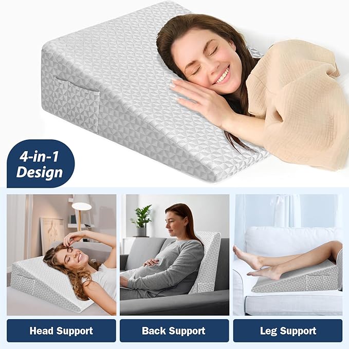 Wedge Pillow 7.5" Bed Wedge After Surgery, Back Pain Relief, Memory Foam Pillow Triangle Incline Wedge for Back Support, Leg Elevation(Light Grey)