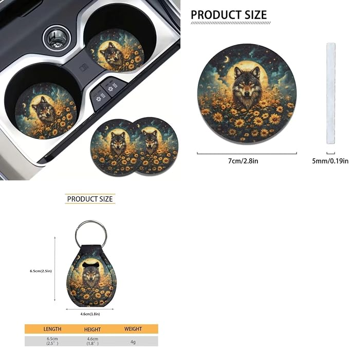 Suobstales Wolf Sunflower Moon Print Car Accessories with Car Front Rear Split Seat Covers, Seat Belt Pads + Steering Wheel Cover + Coaster + Keyrings for Women Men Set of 11-Pcs
