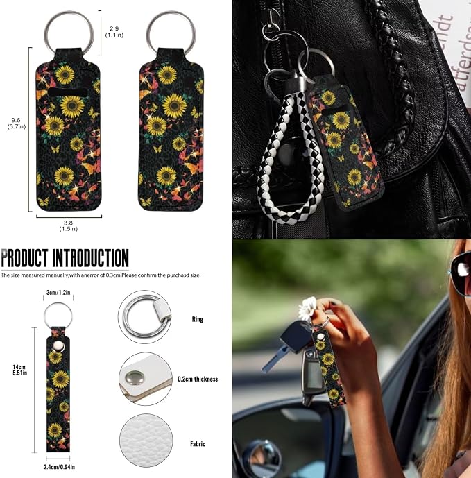 Suobstales Sunflower Butterfly Leopard Print Car Seat Covers Set of 13 with Universal Steering Wheel Cover, Rearview Mirror Cover, Car Trash Can, Seatbelt Pads, Cup Holder Coasters, Keychains