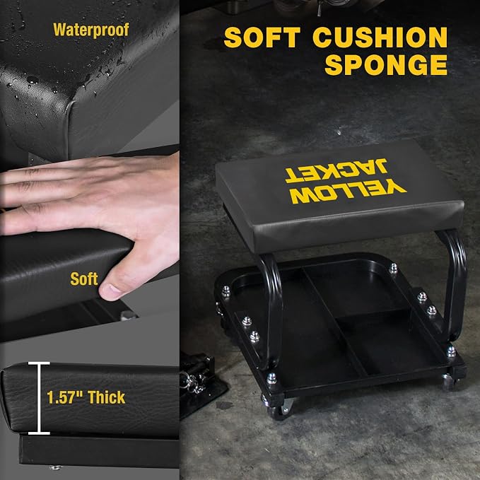 YELLOW JACKET Mechanic Rolling Stool 250 Lbs Capacity, Garage Stool on Wheels with Tool Tray Storage, Work Stools with Wheels for Garage, Shop, Mechanic Chair with Wheels, Auto Repair