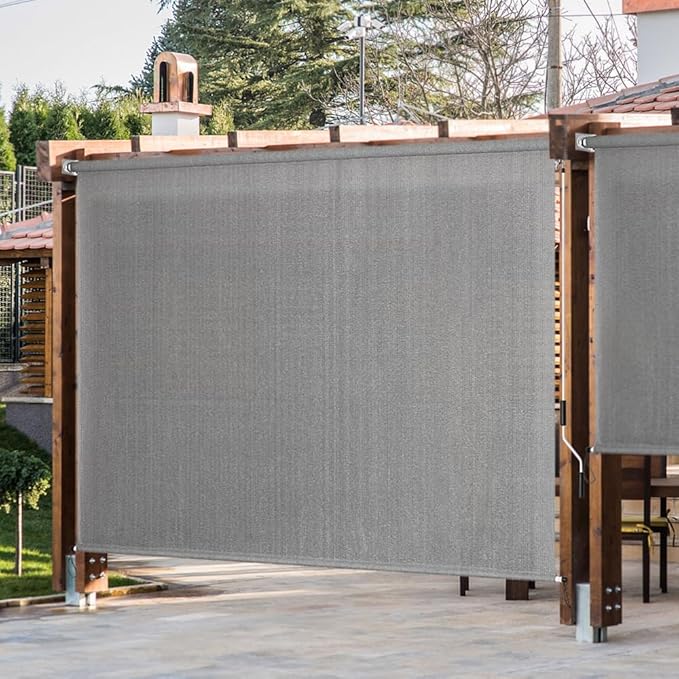 KELIXU Patio Shades Roll Up Outdoor Blind, 10' W x 8' H Cordless Sun Shade Privacy Screen with 90% UV Protection Exterior Roller Shade Cloth for Porch Pergola Backyard Windows Balcony, Gray