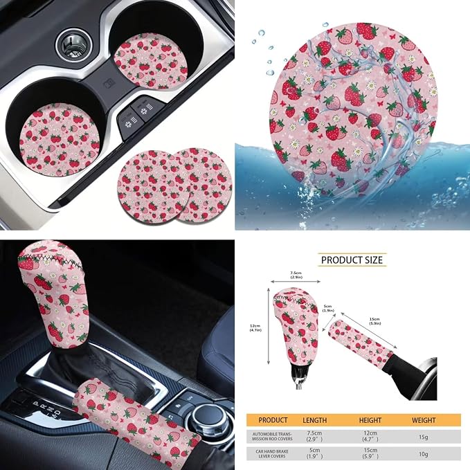 Tupalatus 9 Pcs Strawberry Floral Car Seat Covers 2 Front Seats with Steering Wheel Cover Auto Seat Belt Cover Coasters Gear Shift Cover Hand Brake Cover Washable Easy to Install Car Accessories